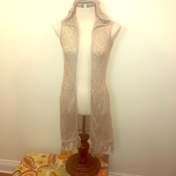 Rue21 Jackets & Blazers - TAN BEIGE KNIT HOODED FRINGE DUSTER VEST MEDIUM